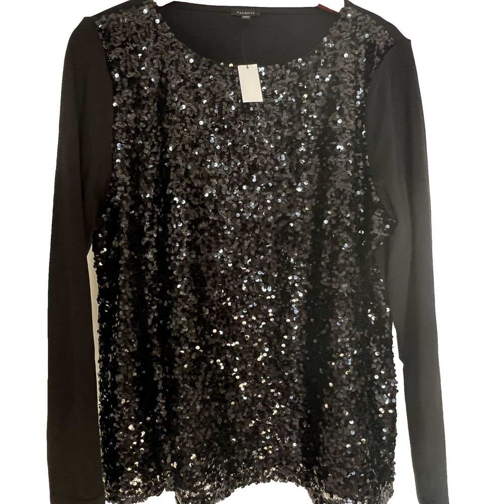 Talbots Top XL Black Sequins Pima Cotton Long Sleeve Party NWT